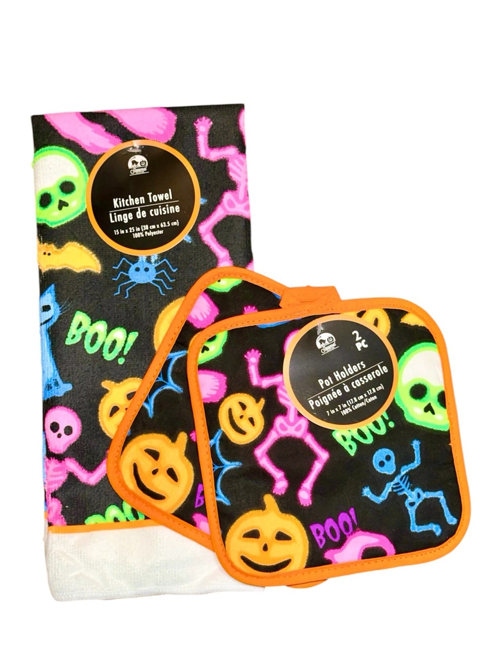 3pc Festive Neon Halloween Kitchen Towel & Pot Holder Set
